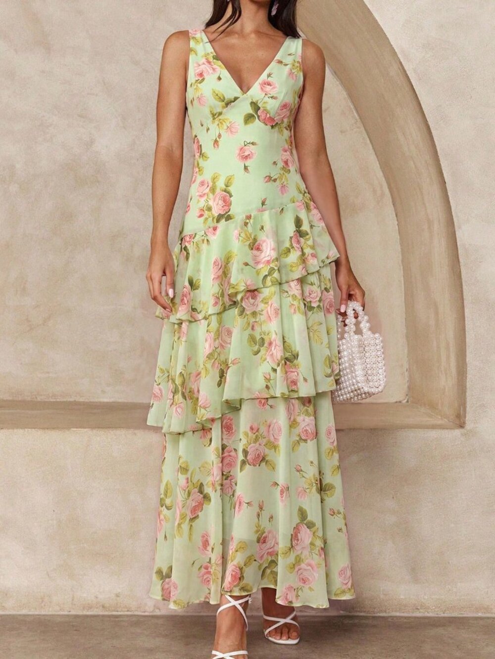 Green Boho Women's Backless Deep V-Neck Spaghetti Strap Waist Defining Dress
